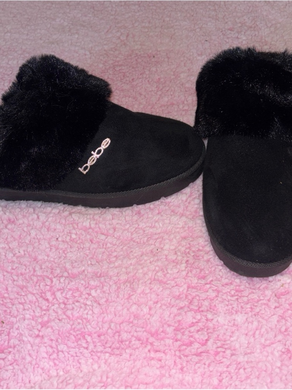 bebe Black Faux-Fur Clog Slippers